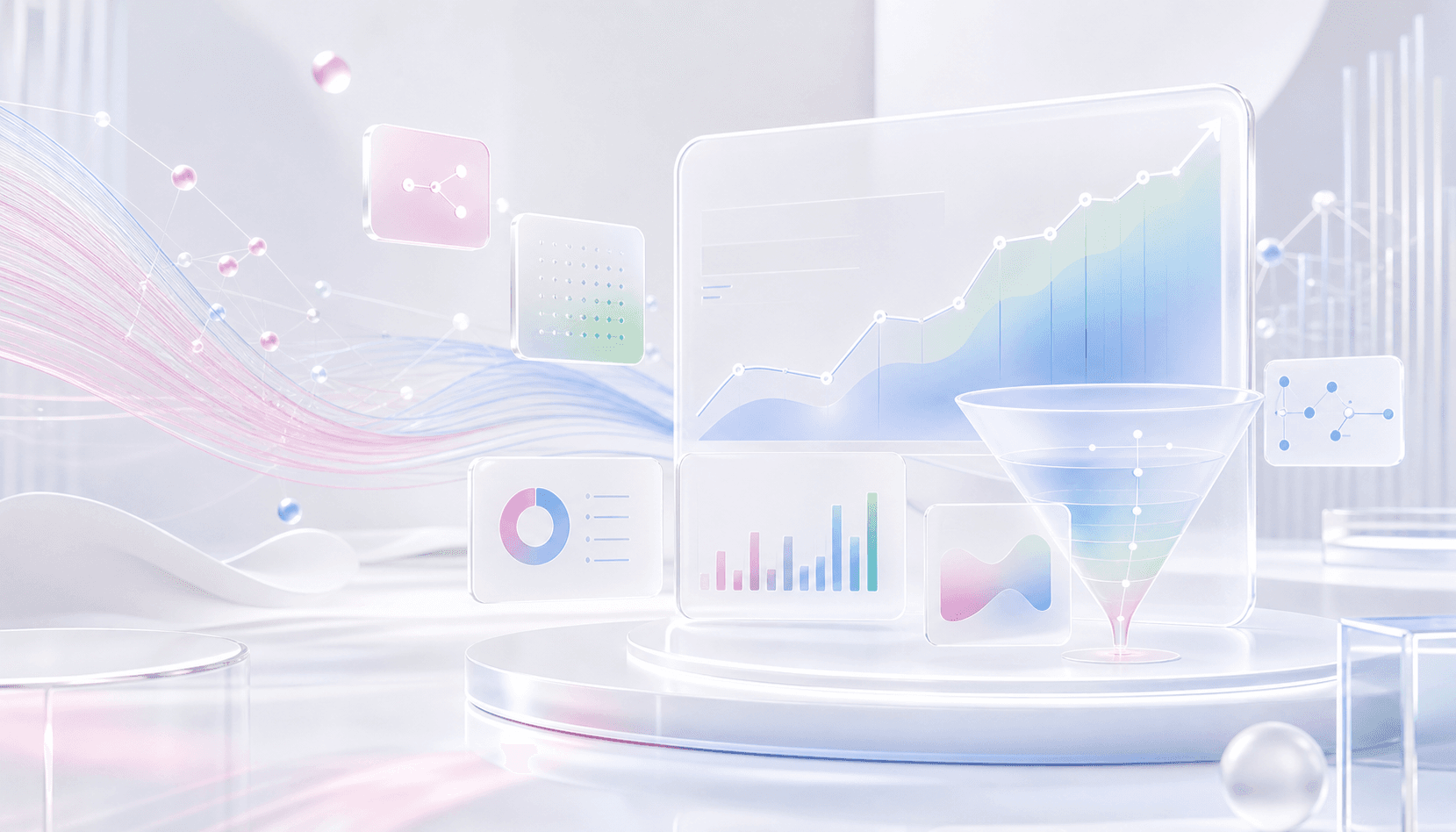 Premium abstract AI marketing dashboard with automation paths and analytics panels